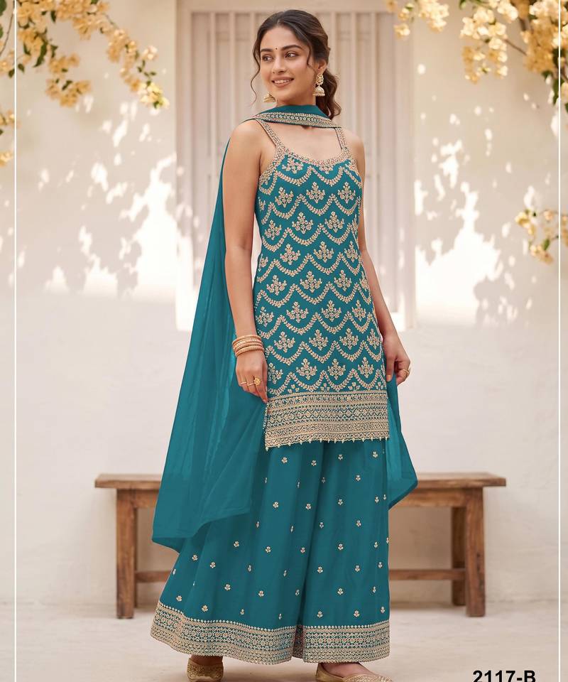 Blue silk blend embroidered salwar kameez