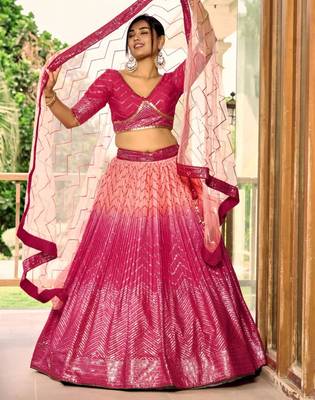 pink silk blend embroidered traditional lehenga choli with free size upto 42 1