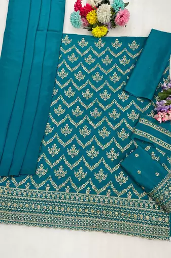 Blue silk blend embroidered salwar kameez