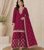 Magenta silk blend embroidered salwar kameez
