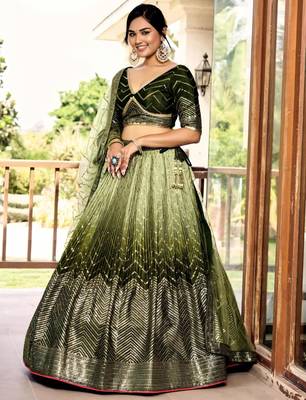 olive silk blend embroidered traditional lehenga choli with free size upto 42 1