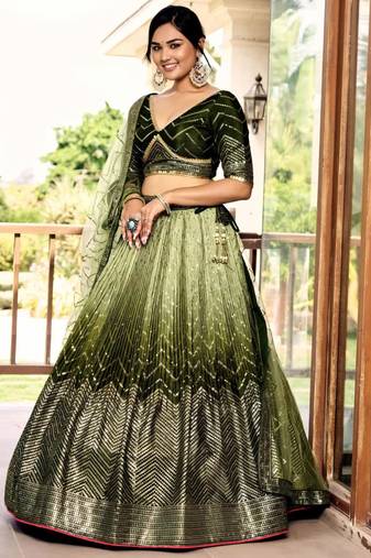 olive silk blend embroidered traditional lehenga choli with free size upto 42