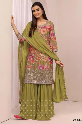 Green silk blend embroidered salwar kameez