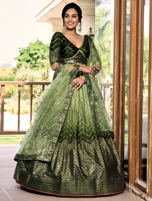 olive silk blend embroidered traditional lehenga choli with free size upto 42 2