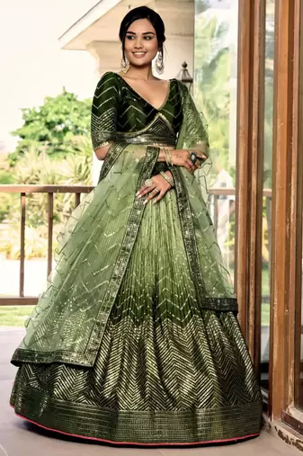 olive silk blend embroidered traditional lehenga choli with free size upto 42
