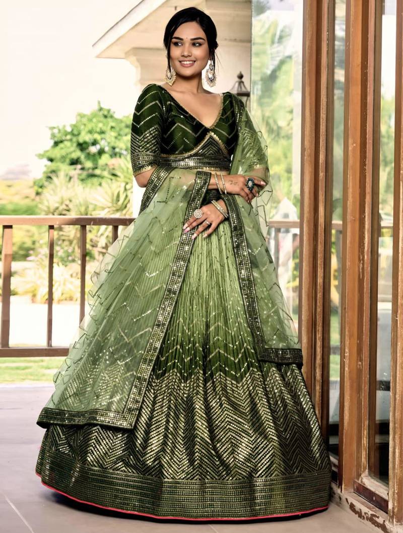 olive silk blend embroidered traditional lehenga choli with free size upto 42