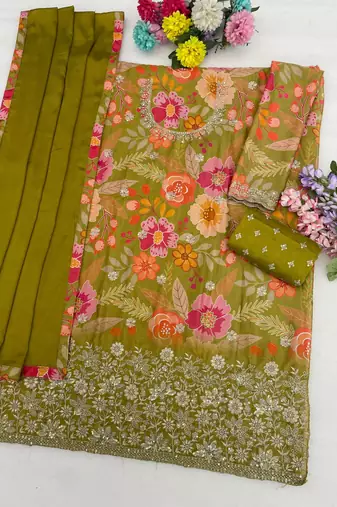 Green silk blend embroidered salwar kameez