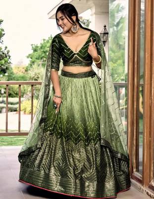 olive silk blend embroidered traditional lehenga choli with free size upto 42 3