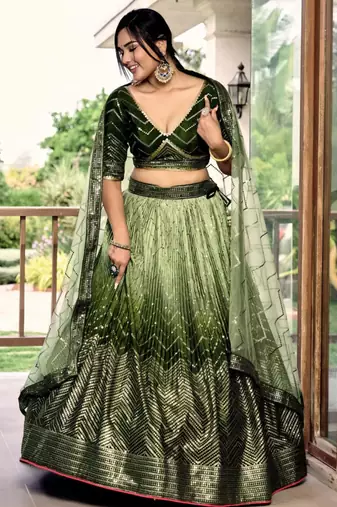 olive silk blend embroidered traditional lehenga choli with free size upto 42