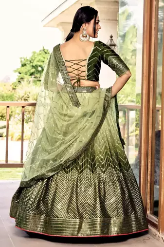 olive silk blend embroidered traditional lehenga choli with free size upto 42