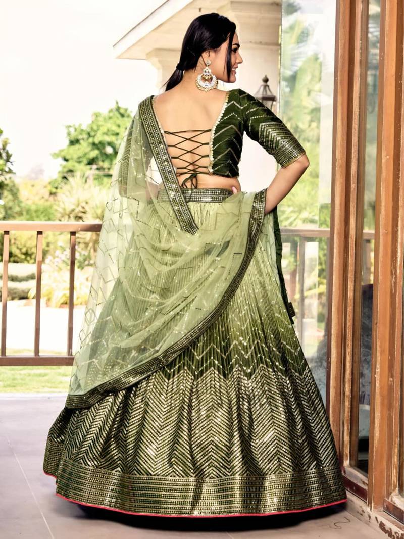 olive silk blend embroidered traditional lehenga choli with free size upto 42