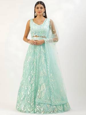 light blue silk blend embroidered traditional lehenga choli with free size upto 42 1