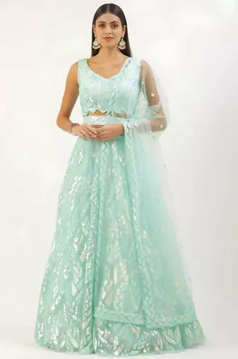 light blue silk blend embroidered traditional lehenga choli with free size upto 42
