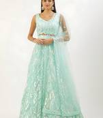 light blue silk blend embroidered traditional lehenga choli with free size upto 42