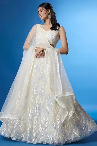 cream silk blend embroidered traditional lehenga choli with free size upto 42