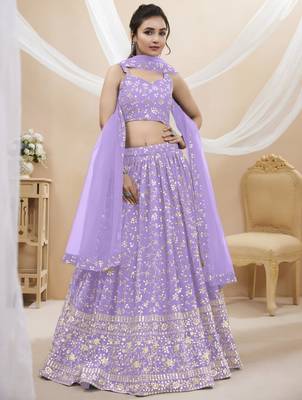 lavender silk blend embroidered traditional lehenga choli with free size upto 42 1