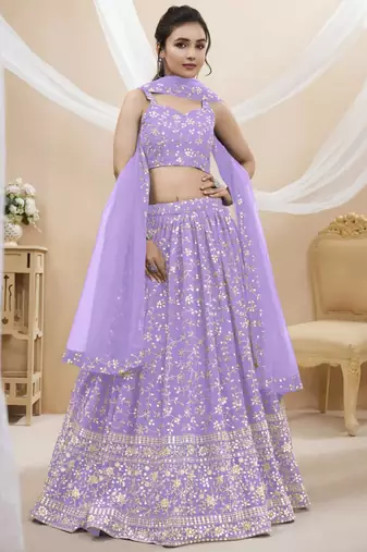 lavender silk blend embroidered traditional lehenga choli with free size upto 42