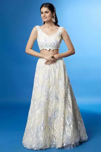 cream silk blend embroidered traditional lehenga choli with free size upto 42