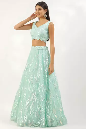 light blue silk blend embroidered traditional lehenga choli with free size upto 42