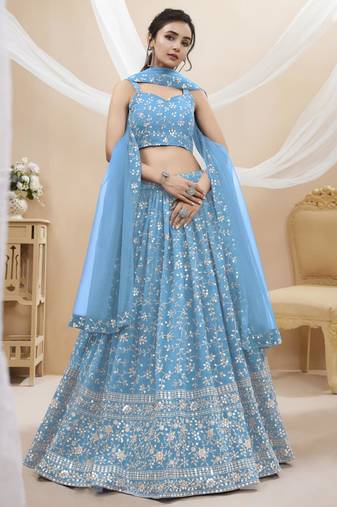 sky blue georgette embroidered traditional lehenga choli with free size upto 42