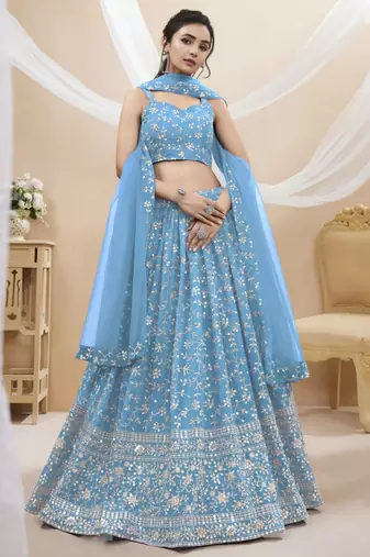 sky blue georgette embroidered traditional lehenga choli with free size upto 42