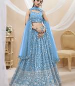 sky blue georgette embroidered traditional lehenga choli with free size upto 42