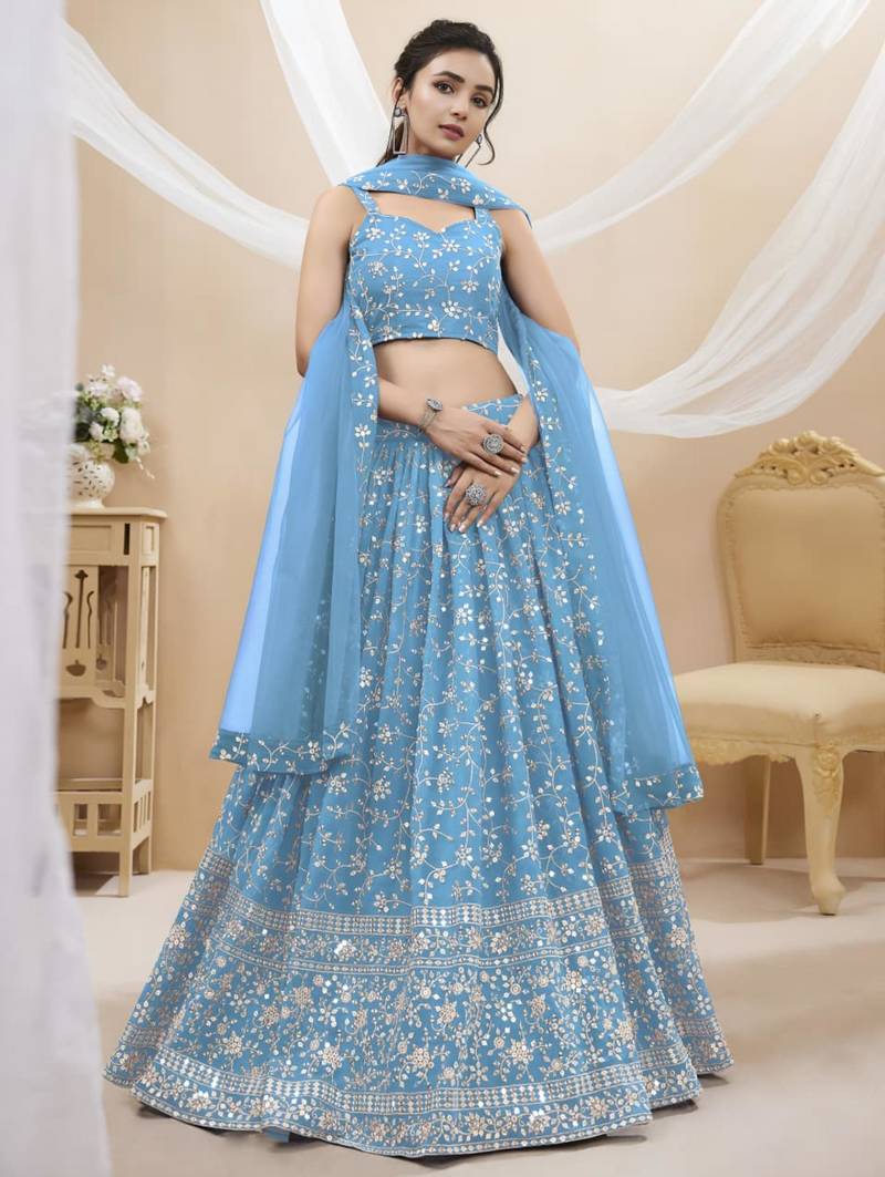 sky blue georgette embroidered traditional lehenga choli with free size upto 42