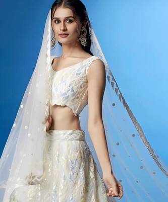 cream silk blend embroidered traditional lehenga choli with free size upto 42 4