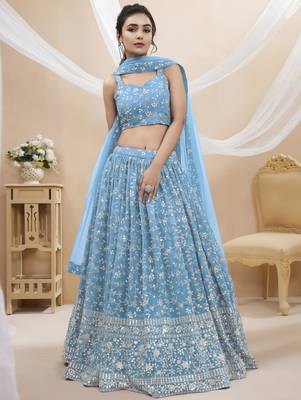 sky blue georgette embroidered traditional lehenga choli with free size upto 42 2