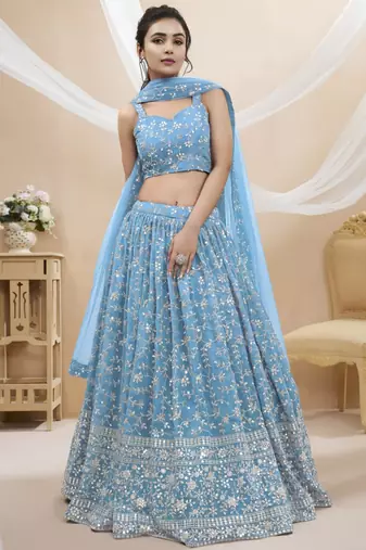 sky blue georgette embroidered traditional lehenga choli with free size upto 42