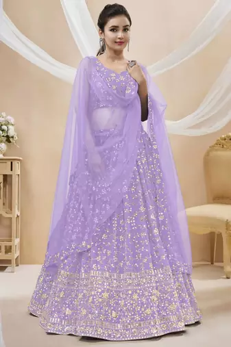 lavender silk blend embroidered traditional lehenga choli with free size upto 42