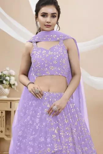 lavender silk blend embroidered traditional lehenga choli with free size upto 42