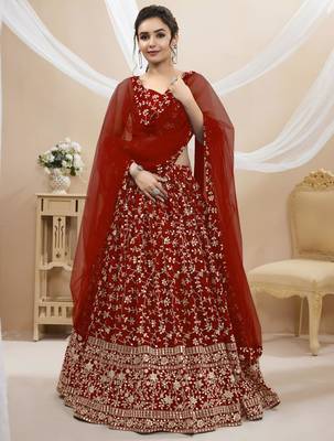 red georgette embroidered traditional lehenga choli with free size upto 42 1