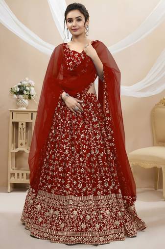 red georgette embroidered traditional lehenga choli with free size upto 42