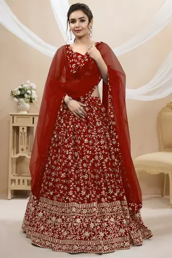 red georgette embroidered traditional lehenga choli with free size upto 42