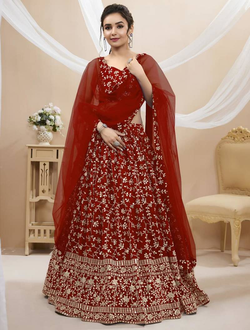 red georgette embroidered traditional lehenga choli with free size upto 42