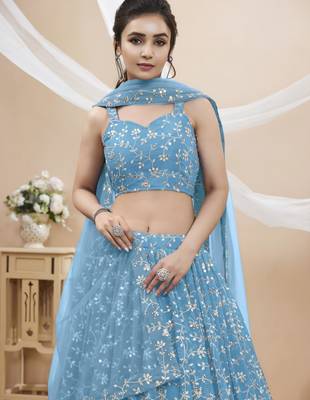 sky blue georgette embroidered traditional lehenga choli with free size upto 42 3