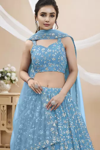 sky blue georgette embroidered traditional lehenga choli with free size upto 42