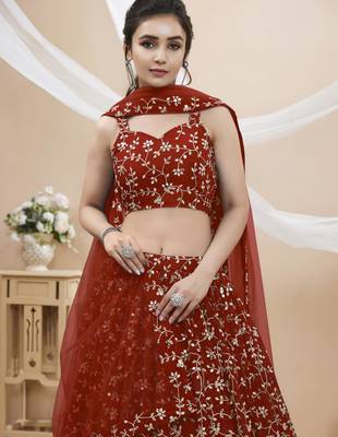 red georgette embroidered traditional lehenga choli with free size upto 42 2