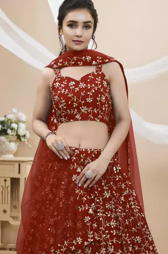 red georgette embroidered traditional lehenga choli with free size upto 42