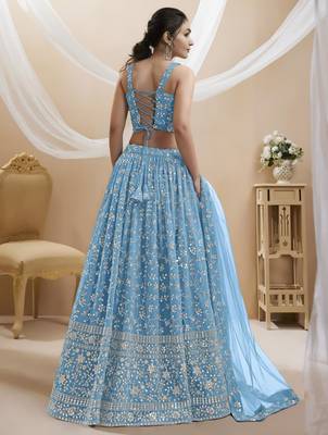 sky blue georgette embroidered traditional lehenga choli with free size upto 42 4