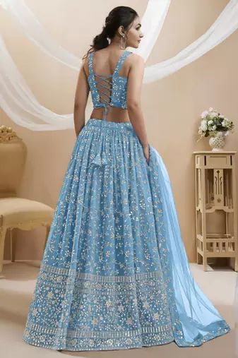sky blue georgette embroidered traditional lehenga choli with free size upto 42