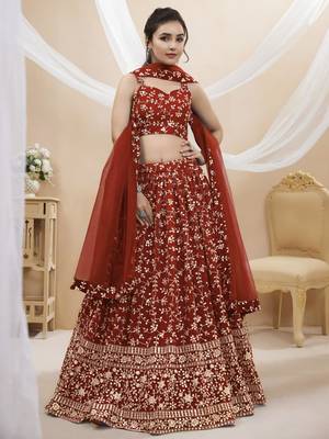 red georgette embroidered traditional lehenga choli with free size upto 42 3