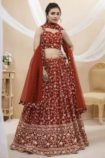 red georgette embroidered traditional lehenga choli with free size upto 42