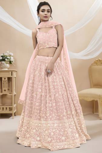 baby pink georgette embroidered traditional lehenga choli with free size upto 42