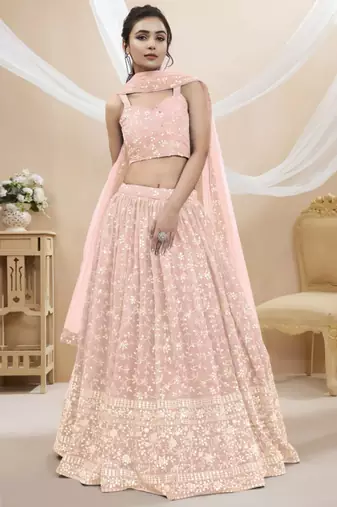 baby pink georgette embroidered traditional lehenga choli with free size upto 42