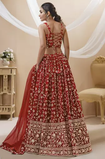 red georgette embroidered traditional lehenga choli with free size upto 42