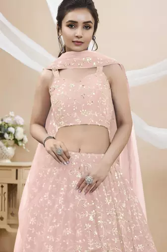baby pink georgette embroidered traditional lehenga choli with free size upto 42