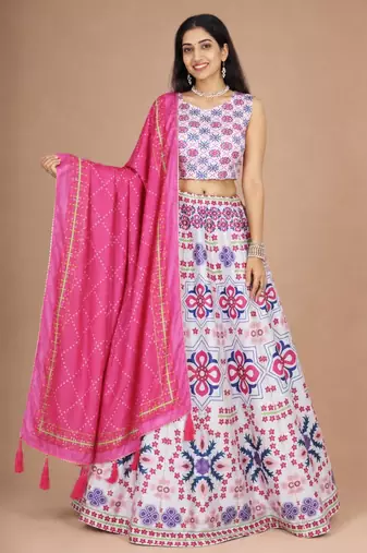white cotton poly printed traditional lehenga choli