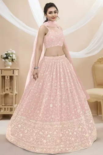 baby pink georgette embroidered traditional lehenga choli with free size upto 42